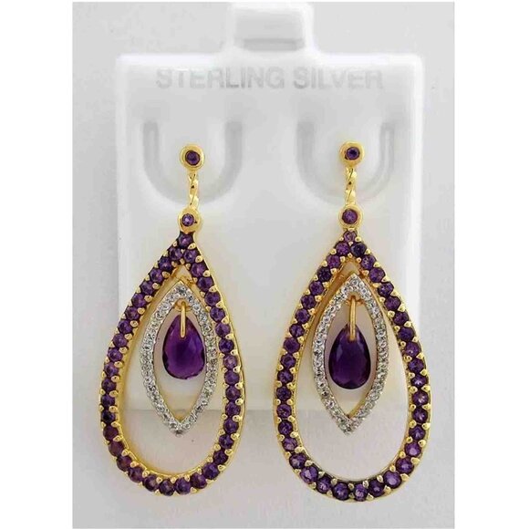 Genuine Amethyst & White Sapphire Dangling Earrings .925 Silver (Yellow Tone)